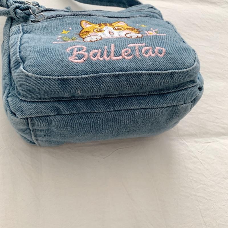 Koreanische Version Denim Crossbody-Tasche mit süßer Katzenstickerei – Verstellbarer Riemen, Kleine Sling-Tasche mit mehreren Taschen für Damen