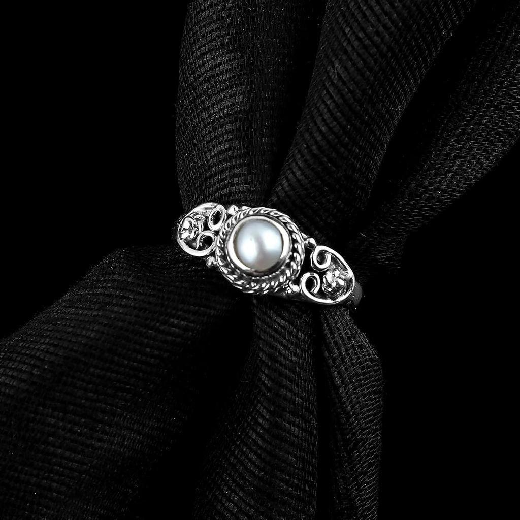 Weißer Perlen Edelstein Ring, Boho Ring, Massiver 925 Sterling Silber Ring, handgefertigter Schmuck, Statement Ring