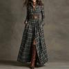 Women's Collar Long Sleeve Maxi Dress Slim Fit High Waist Plaid Print Split Shirt Dress