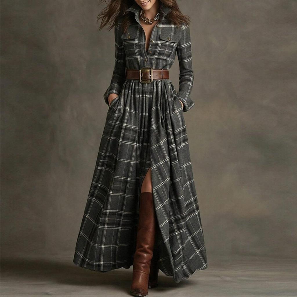 Women's Collar Long Sleeve Maxi Dress Slim Fit High Waist Plaid Print Split Shirt Dress