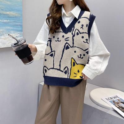 Γιλέκο Γυναικεία Ρούχα Kawaii Κινούμενα Σχέδια V-Neck Πουλόβερ Vintage Πλεκτό Αμάνικο Oversize Crop Tops Jumper