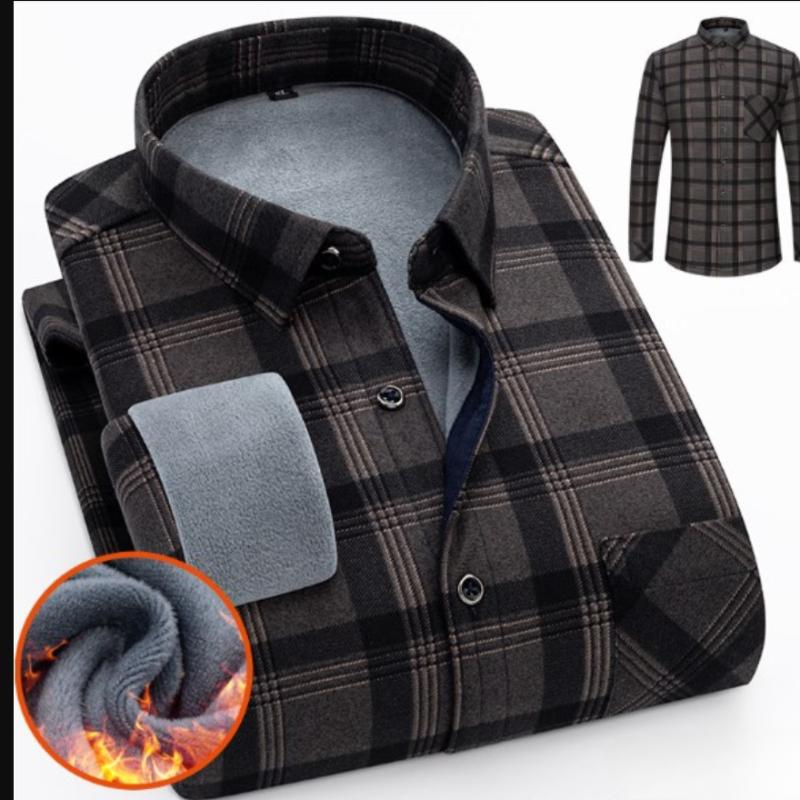 Autumn and Winter Thickened Men's Plaid Long-sleeved Warm Turn-down Collar Button Shirt Classic