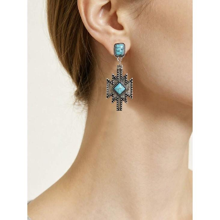 1 Pair Western Style Artificial Turquoise Earrings, Antique Silver Geometric Cross Arrow Dangle Earrings
