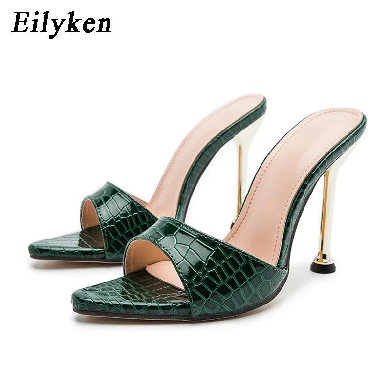 

Fashion Eilyken Summer Womens Slippers Fashion Snake Print Leather Pointed Toe Ladies Shoes Stiletto High Heel Sandals Size 41 42 35 зелений