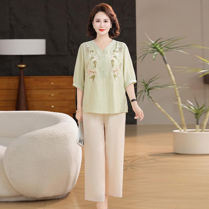 

Elegant Summer Cotton Linen Set: Stylish 2026 Short-Sleeved Top for Middle-Aged and Elderly Women s Fashion 2XL (95-115 jin)