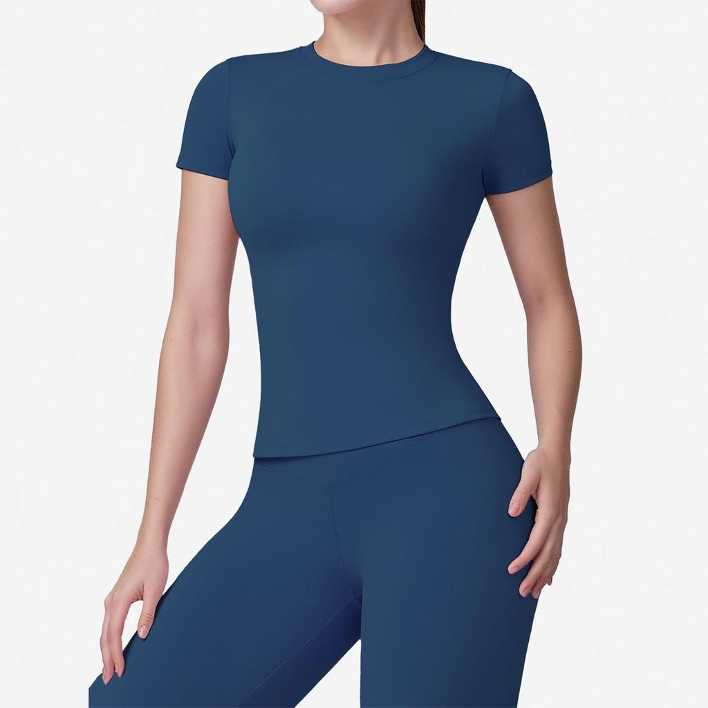 Women's Plain Round Neck Quick-Dry Yoga T-Shirt - Summer Slim Fit Fitness Top