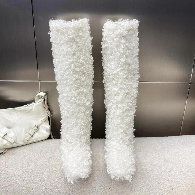 Fashion New Winter Rolled Plush Square Toe Thick Heel Knee High Boots European American Fashion Short Plush Warm High-heel Cotton Boots