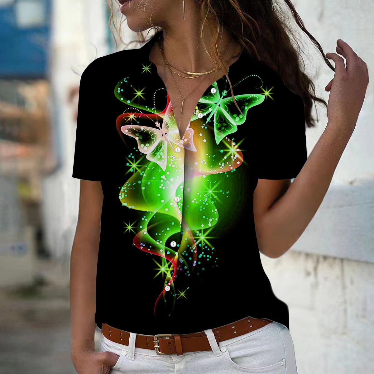 

2025 Лето Новая Мода Женская Повседневная Рубашка Топ с Коротким Рукавом и V-образным Вырезом на Пуговицах с Принтом Бабочек 8XL зелёный