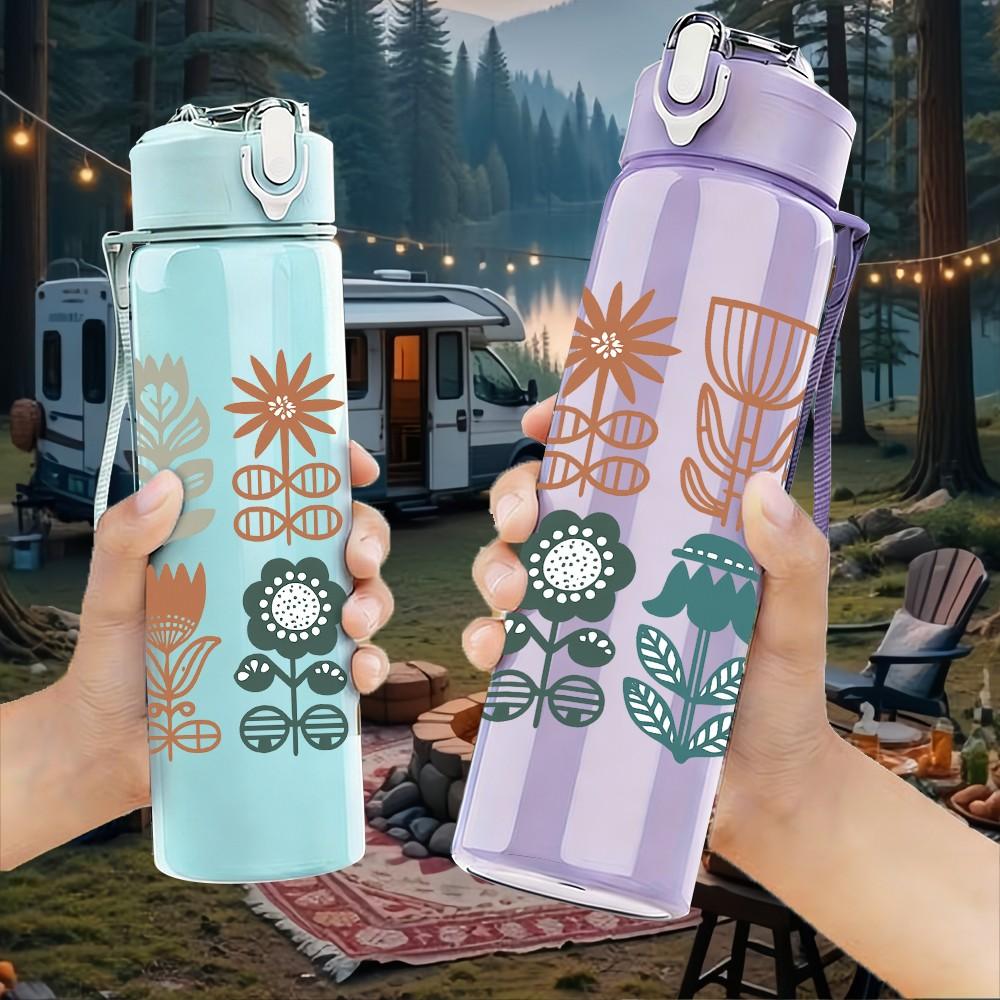 1PC Vintage Floral Botanical Set 750ml Color Plastic Sports Water Bottle Leakproof Flip Straw Lid Suitable for Sports Office Home Use