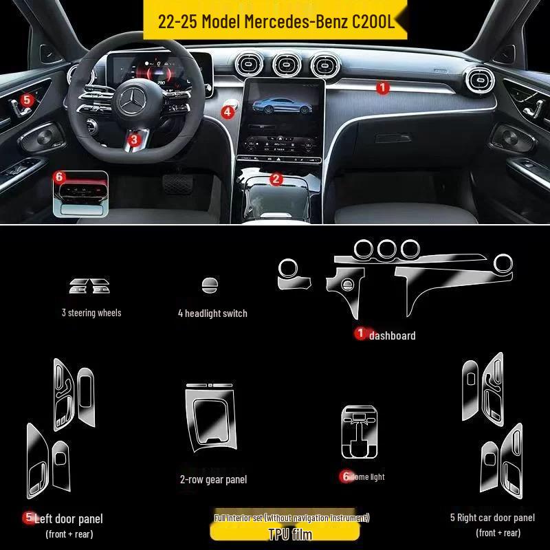Fits 22-25 Mercedes-Benz C260L/C200L - Interior Center Console & Navigation Screen Protector Transparent TPU Film
