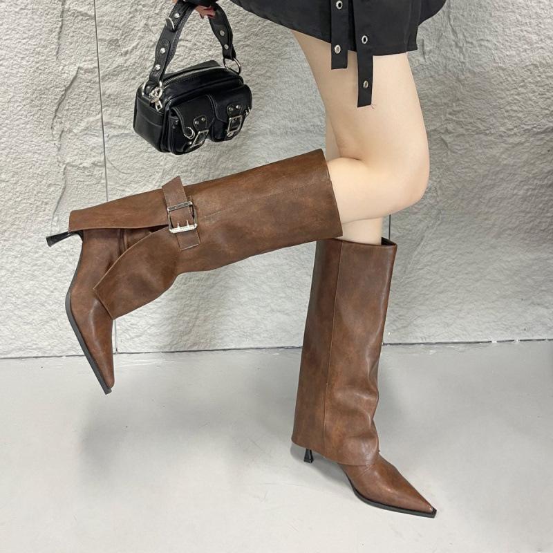 2025 autumn and winter new but knee fashion boots British leather buckle pointed stiletto women's boots personalized trouser boots