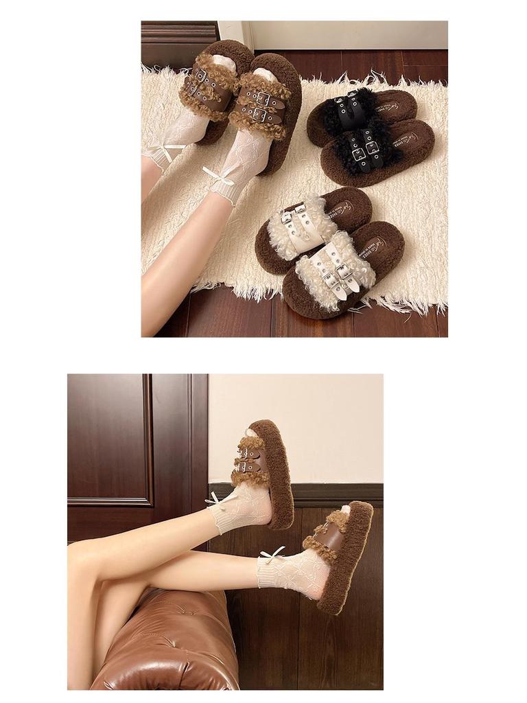 2025 Autumn/Winter Women's Furry Thick Sole Warm Slippers with One Strap and Belt Buckle