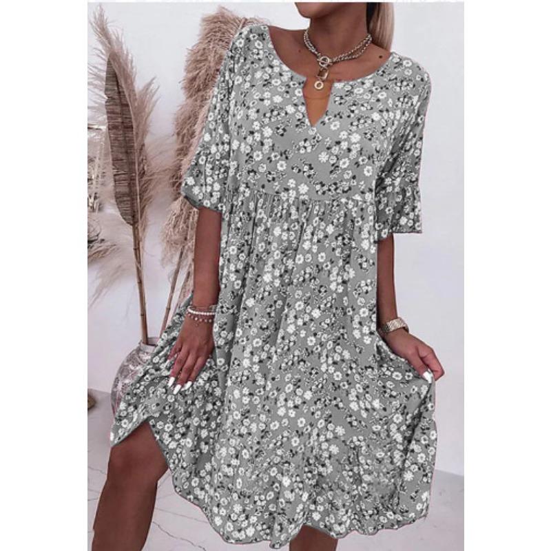 VEZFAA Damenmode Sommer Frühling Blumenmuster Druck 1/2 Ärmel V-Ausschnitt Lockere Taille Freizeitkleider