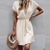 Spring V-Neck Smocked Dress - Lace Trim Short Sleeve Solid