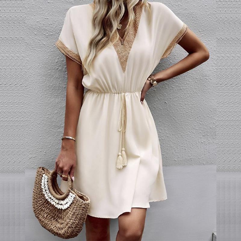 Spring V-Neck Smocked Dress - Lace Trim Short Sleeve Solid