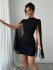 European & American Women's Fashion Round Neck Ribbed Chiffon Cape Bodycon Dress