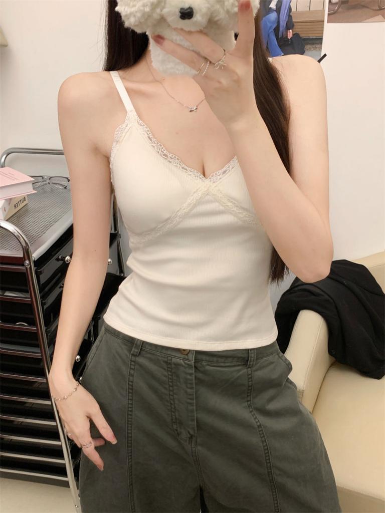 #New Lace Polished V-neck Thermal Sling Vest Slim and Thin Women's Fixed Top with Chest Pad
