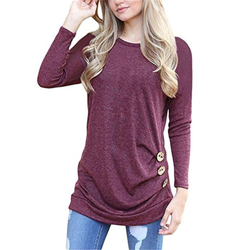 Fashion Women Long Sleeve Casual Blouse Stylish Tunic With Brown Button Accents