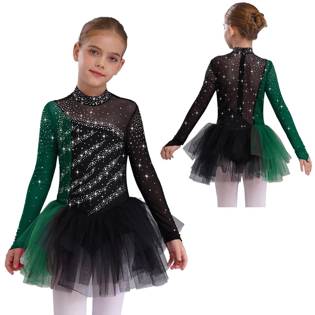 Girls Figure Skating Dress Long Sleeve Sparkling Rhinestones Color Block Patchwork Stage Performance