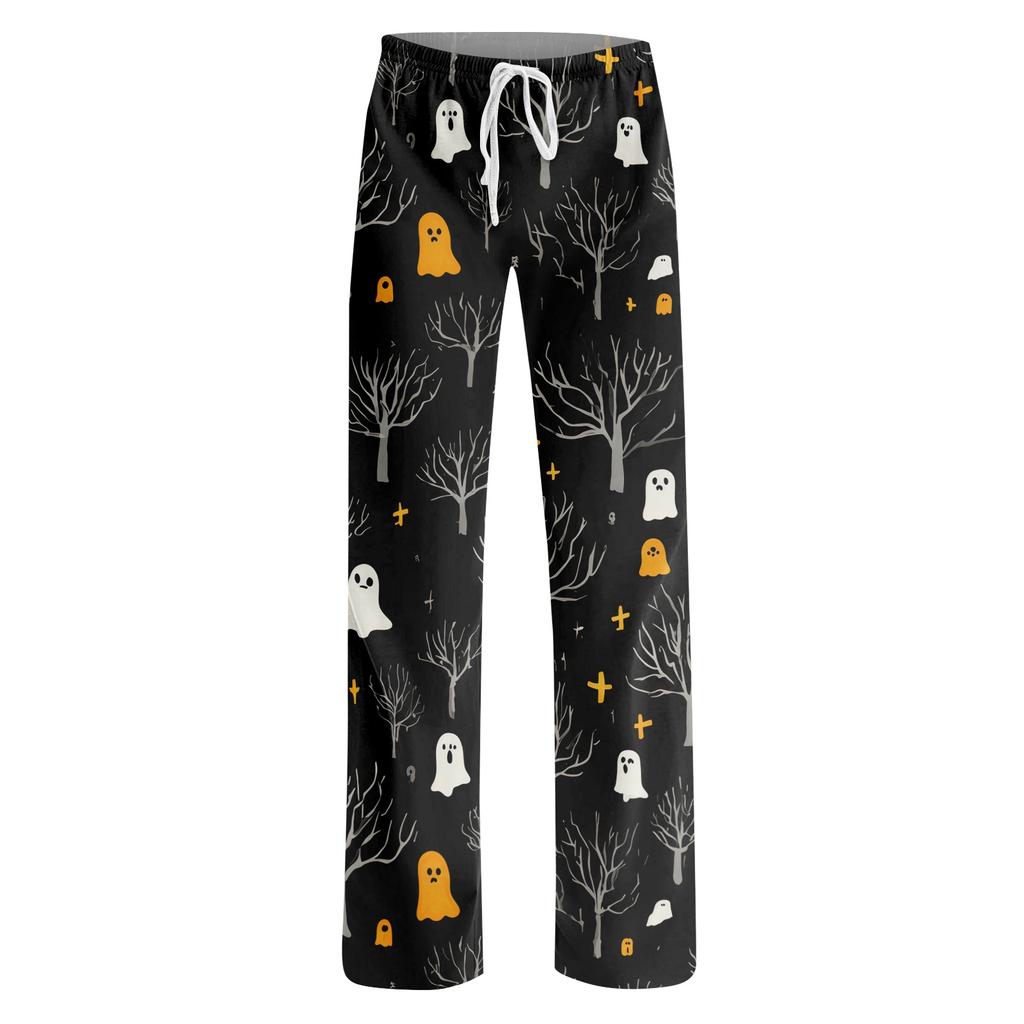 Damen Loungehose mit Kordelzug und Halloween-Print, lässig, volle Länge, entspannte Passform, Schlafanzughose für den Alltag