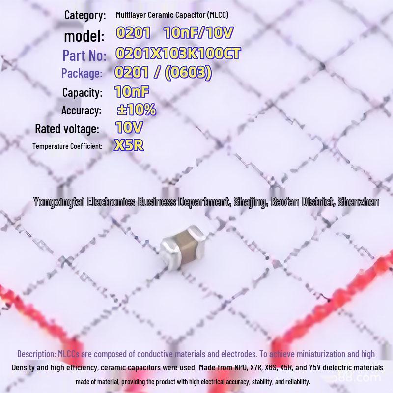 0201X103K100CT SMD MLCC Capacitor, 10nF/10V, 10% X5R, Resistor-Capacitor BOM