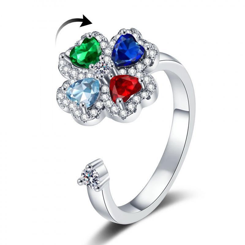 Adjustable Colorfast Zircon Clover Open Ring for Women