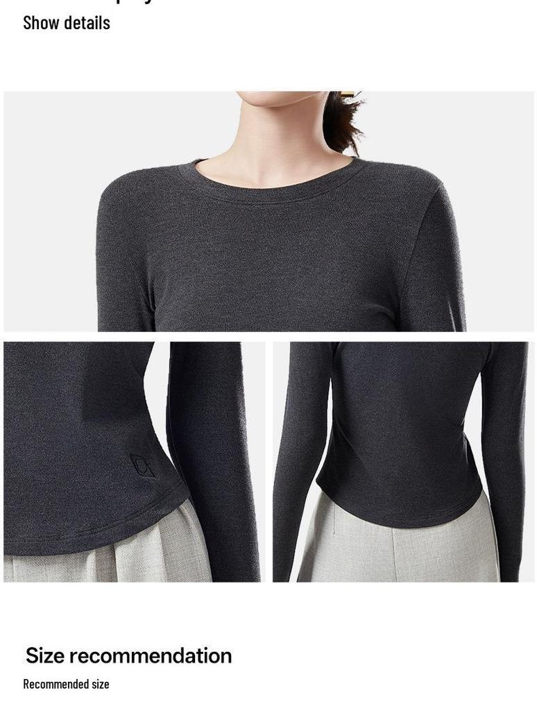 Women's Merino Wool Base Layer Top - Slim Fit, Round Neck, Embroidered, Thermal Fleece, Long Sleeve T-shirt for Autumn/Winter