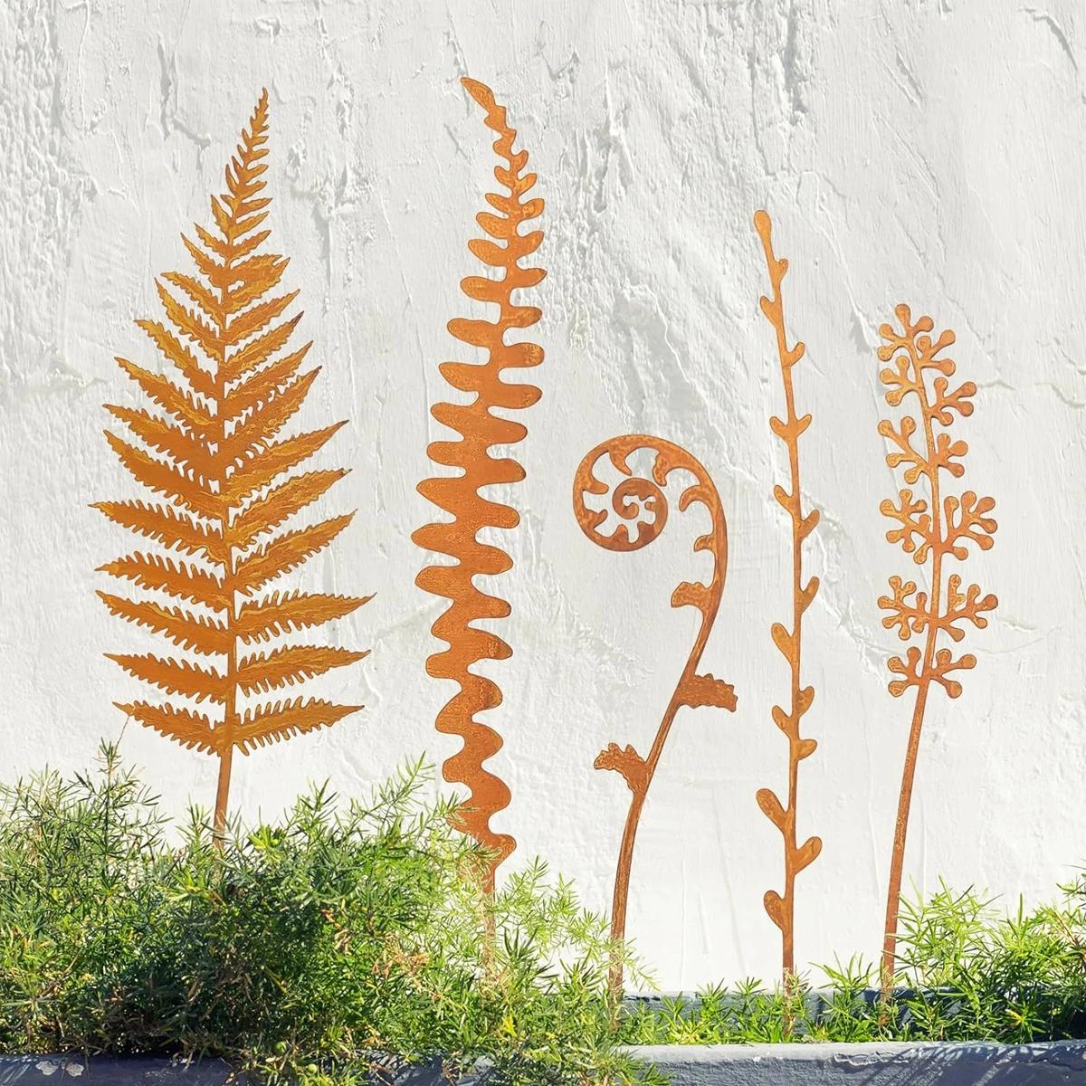 5pcs Rusty Fern Potted Plant Decoration Garden Stakes Metal Outdoor Courtyard Yard Art Decoration Country Garden Iron Sculpture