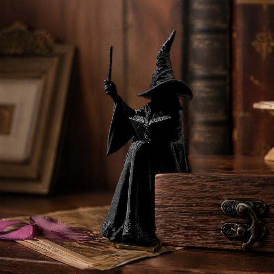 Black Witch Figurine for Home Shelf Faceless Sitter Figurine, 3D Printed Wizard Statue with Halloween Party Tabletop Decoration Wand Spell Book,