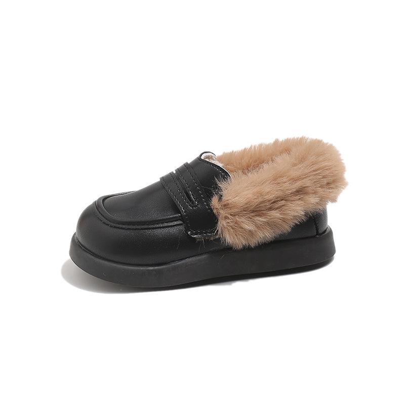 Girls Black Plush Winter Loafers - Soft, Versatile British Style Retro Leather Shoes Size 28, 16.8cm чёрный