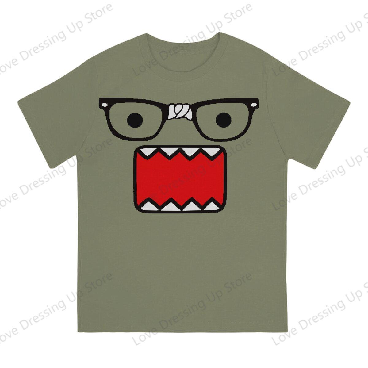 Comfortable season Domo Kun Print Grappig T-shirt met Korte Mouwen Heren Dames Veelzijdig Koppel Tops S legergroene kleur