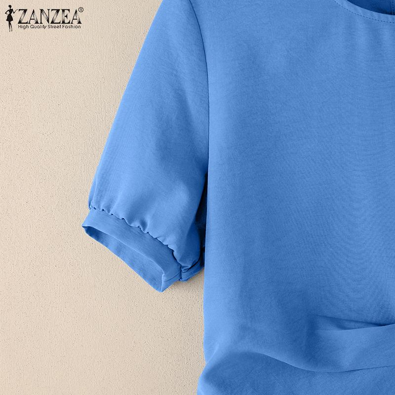 ZANZEA Women Summer Casual Round Neck Solid Color Short Sleeve Blouse