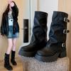 Pants Boots Women's Platform Belt Buckle Medium Boots 2025 Autumn New Boots Thick Heel British Style Thin Knight Boots