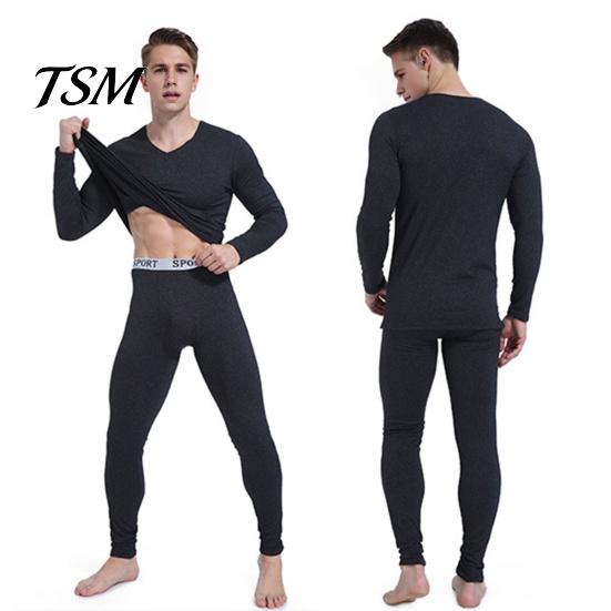 Long-sleeved Top And Pants Set 2 Pcs/Set Winter Men Thermal Underwear V Neck Plush Lined Seamless Long Sleeve Warm Slim Fit High Elastic Cold Weather