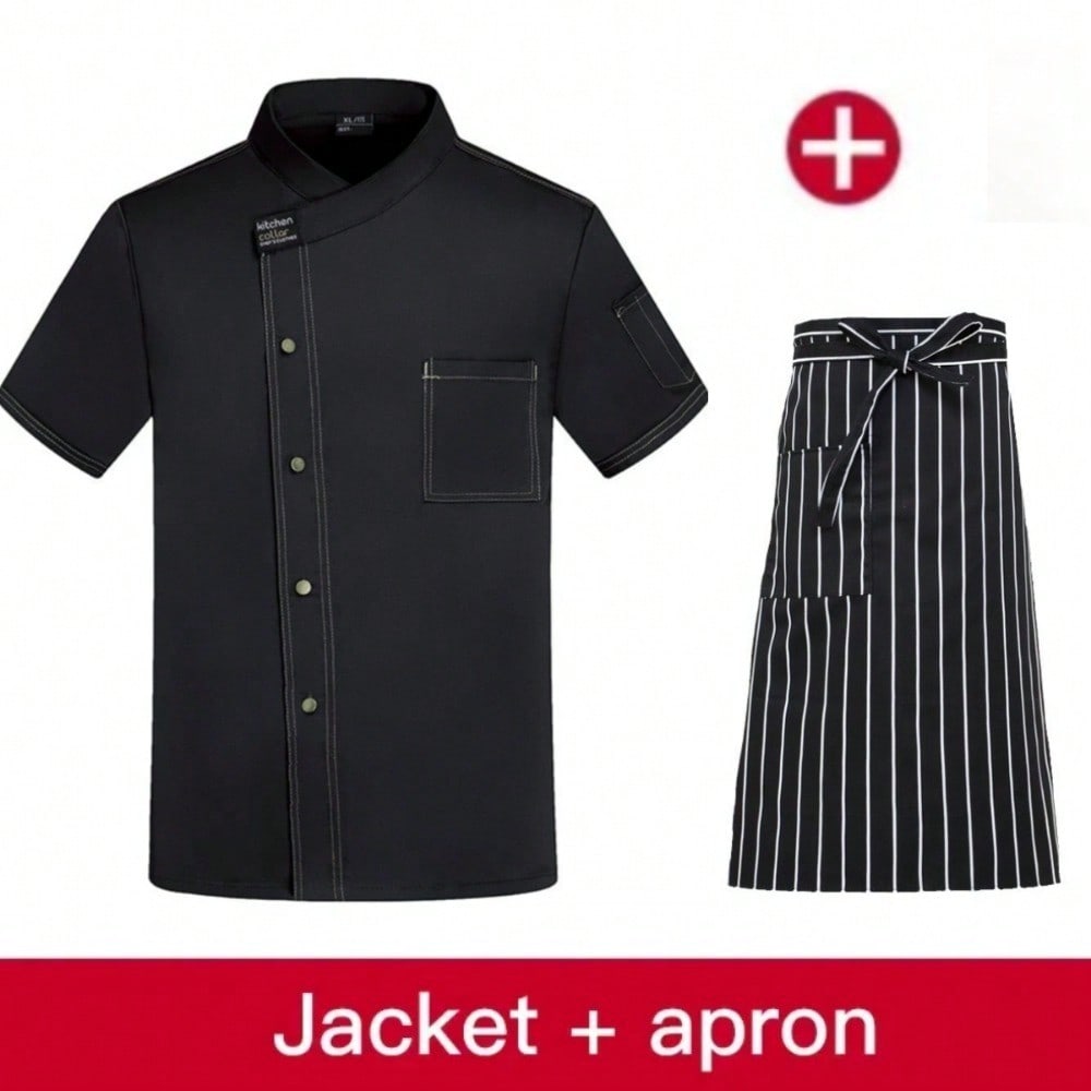 

Набор из 2 предметов Новая одежда шеф-повара с коротким рукавом плюс фартук Летняя дышащая тонкая мужская одежда для кейтеринга с рукавом три четверти M чёрный