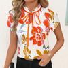 Fashionable Versatile Style Pleated Round-neck Strap-print Short-sleeved Women's Top