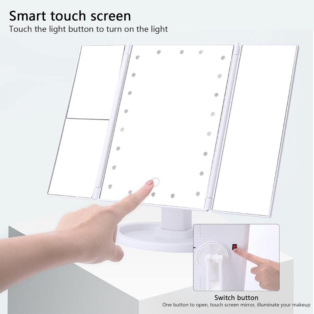 LED Vanity Makeup Mirror with Touch Control, Adjustable Lighting 1X, 2X, 3X Magnification, Trifold Design Ideal Gift for Women