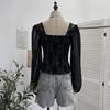 Women's Slim Lace Square Neck Top with Chest Pads - Long Sleeve, Spring/Autumn