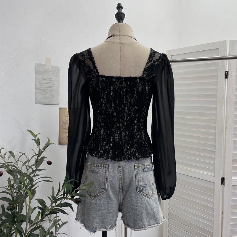 Women's Slim Lace Square Neck Top with Chest Pads - Long Sleeve, Spring/Autumn