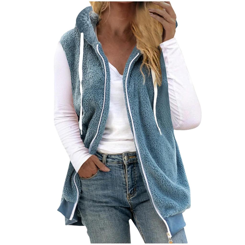 Women's Fashionable Solid Color Plush Zipper Pocket Hooded Sleeveless Loose Warm Vest Jacket