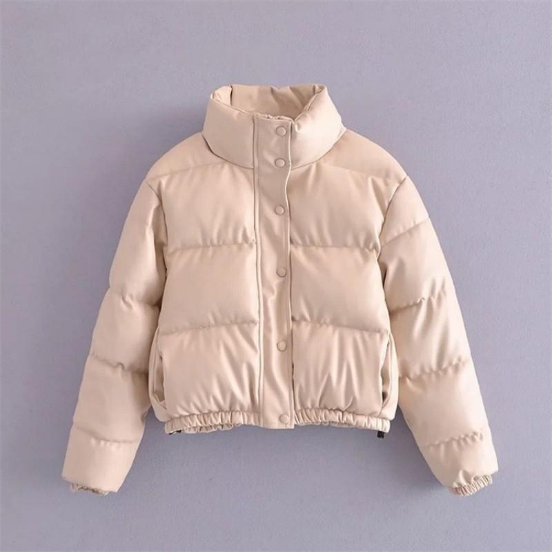 Womens Winter PU Faux Leather Padded Jacket Slim Fit Solid Color Casual Coat With Stand Collar