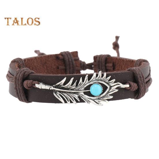 6-teiliges Set mit geflochtenen Armbändern in verschiedenen Formen, Holzperlen-Dekor, Pfauenfeder-Anhänger, Retro-Ethno-Stil, Kunsttürkis-Stein, Steinarmband, Handgelenk