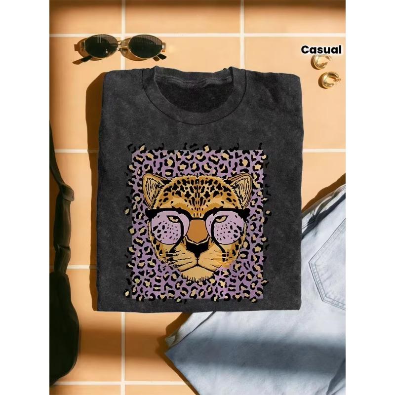 Vintage Washed Leopard Graphic T-Shirt Retro Animal Print Crew Neck Casual Tee