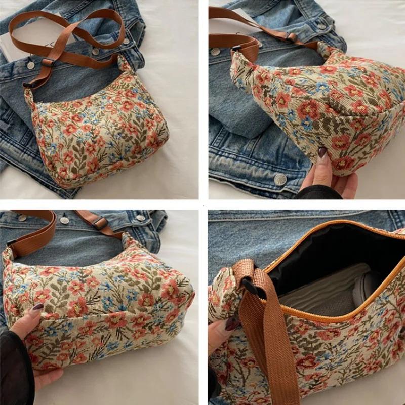 Chinese Style Vintage Print Underarm Bag Fashion Canvas Shoulder Bag Texture Temperament Crossbody Bags for Women Handbags
