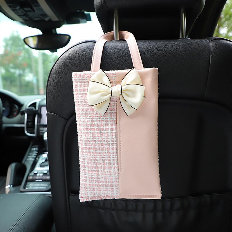 High Quality Plush Bow Car Tissue Holder Elegant Seat Back Hanging Bag Tissue