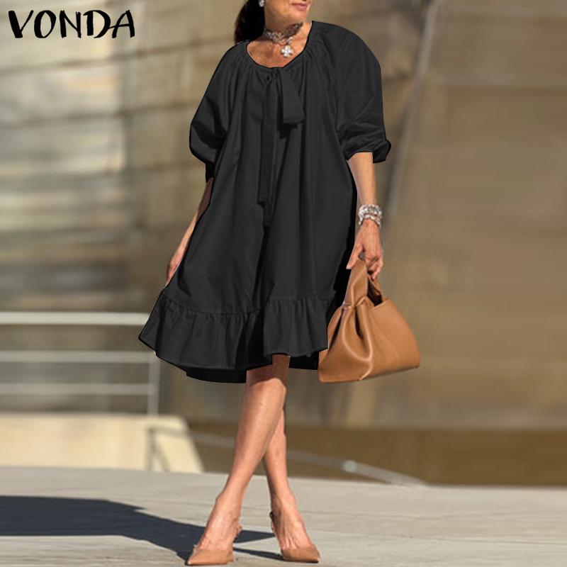VONDA Women's Puff 3/4 Sleeve Sleeve Bow Knot Solid Color Loose Midi Dress