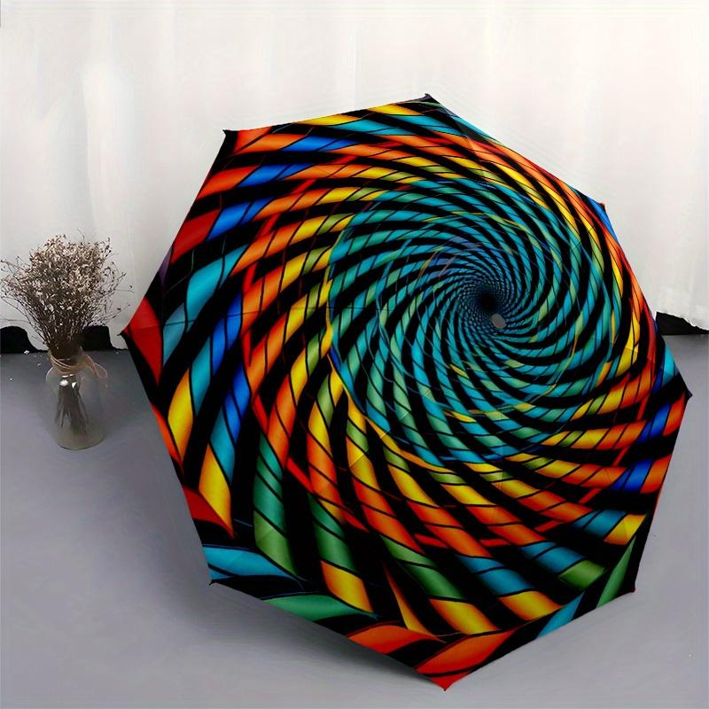 Colorful Spiral Patterned Stained Glass Window Panel Umbrella, Cute Umbrella with Cute Design, Portable 3-Fold Compact Umbrella for Men & Women, Valen