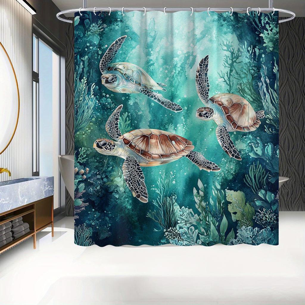 Schildkröten-Thema In Der Tiefsee Waschbar Schmutzabweisend Duschvorhang Duschkopf Wasserdicht Polyester Badvorhang Für Heimdekor