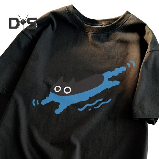 Pár Ležérní Tričko Kreslená Černá Kočka Potisk Tričko Kulatý Výstřih Volný Letní Top pro Muže Ženy Domácí Posilovna Streetové Oblečení