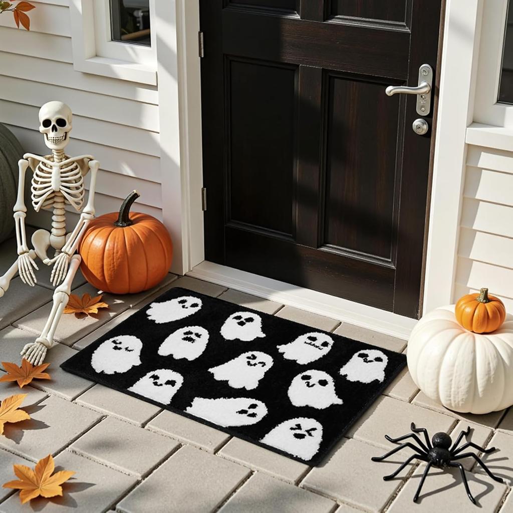 Halloween Bathroom Rug Spooky Black White Ghost Bath Mat for Halloween Bathroom Decor Non-Slip Washable Ghost Bath Rug for Front Doormat, Bedroom Rug